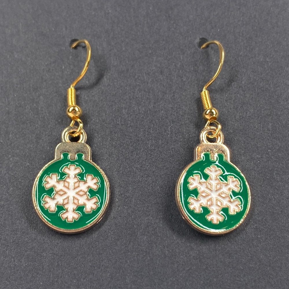 5/$25 Christmas Earrings Snowflake Ornament Green & White Enamel Dangle